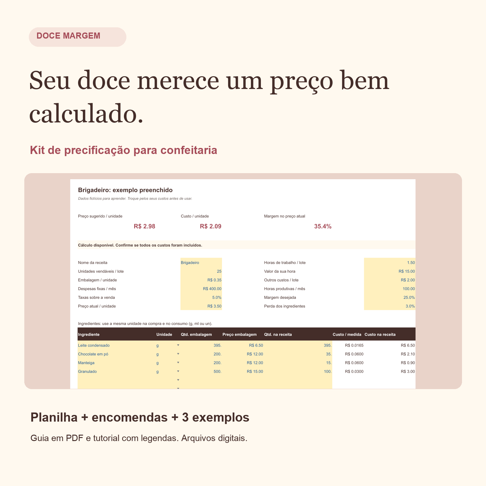 Capa do Kit Doce Margem com exemplo preenchido da planilha de precificação de brigadeiro.